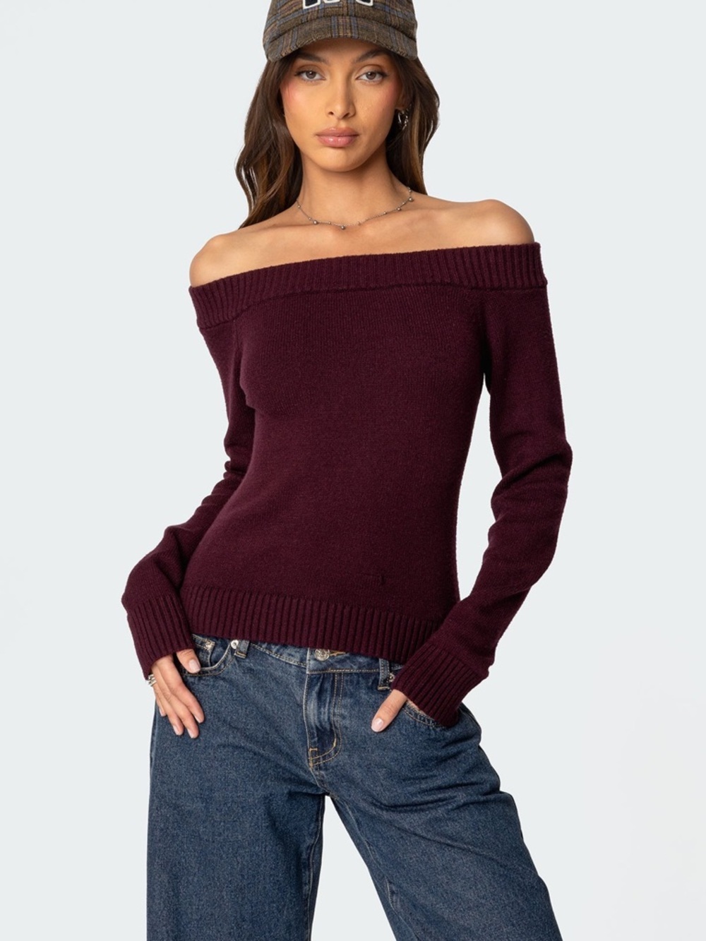 Edikted Elona Off Shoulder Knit Top Burgundy - Small